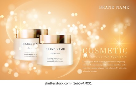 3D transparent cosmetic bottle container with shiny golden glimmering background template banner.