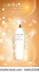 3D transparent cosmetic bottle container with shiny golden glimmering background template banner.