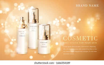 3D transparent cosmetic bottle container with shiny golden glimmering background template banner.