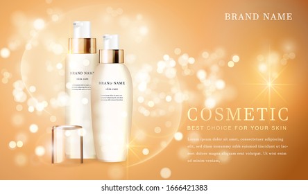 3D transparent cosmetic bottle container with shiny golden glimmering background template banner.