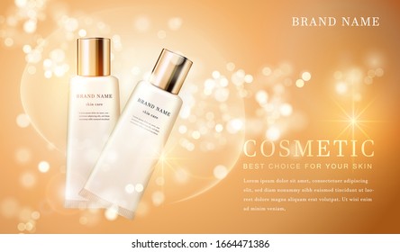 3D Transparent Cosmetic Tube Container With Shiny Golden Glimmering Background Template Banner.