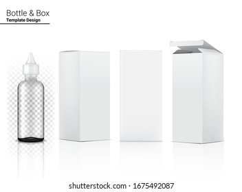 3D Transparent Dropper Bottle Mock up Realistic Cosmetic and Box for Skincare Product on White Background Illustration. Health Care and Medical Concept Design.