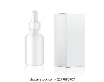 3D Transparent Dropper Bottle Mock up Realistic Cosmetic and Box for Skincare Product on White Background Illustration. Health Care and Medical Concept Design.