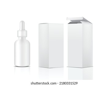 3D Transparent Dropper Bottle Mock up Realistic Cosmetic and Box for Skincare Product on White Background Illustration. Health Care and Medical Concept Design.