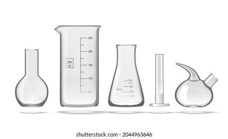 3D Transparent Empty Glassware. Laboratory Glass Equipment Set. EPS10 Vector