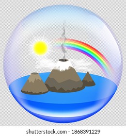 3d transparent glass ball inside a seascape. Mountains, volcano, sea, sun and rainbow. EPS10