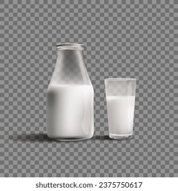 3D Transparent Glass And Bottle Of Fresh Milk. EPS10 Vector