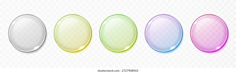 Botão de vidro transparente 3D com efeito de lente de gradiente suave. Ícone de disco redondo holográfico brilhante isolado no branco para a interface moderna, design técnico ou decoração abstrata