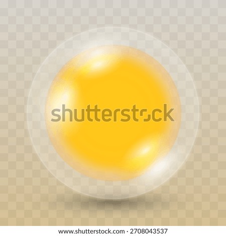 3D Transparent Glass Button with Yellow Gel Sphere – Realistic Glossy Round UI Element, Abstract Liquid Molecule Icon for App Design and Modern Digital Graphics Vector Illustration