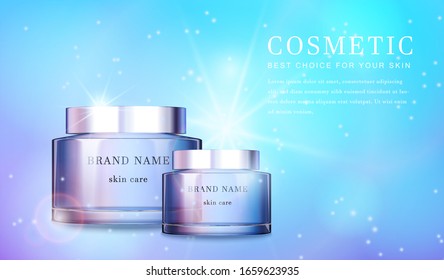 3D transparent glass cosmetic bottle with shiny glimmering background template banner.