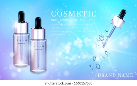 3D transparent glass cosmetic bottle with shiny glimmering background template banner.