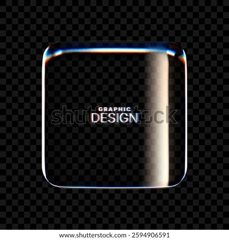 3D transparent glass icon on a dark background. with refraction and holographic effect. vector illustration. square shape. 3D render. a logo frame. gradient glass effect. 