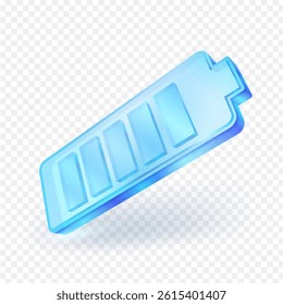 3d transparent glass material battery icon with full charge level. Suitable for UI design, mobile application, energy and power related concept. isolated vector on transparent background.