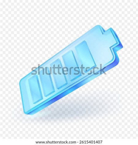 3d transparent glass material battery icon with full charge level. Suitable for UI design, mobile application, energy and power related concept. isolated vector on transparent background.