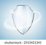 3D transparent glass protection shield with white glowing effect. Protective shield isolated on blue background. Safeguard sign. Security concept. Vector illustration