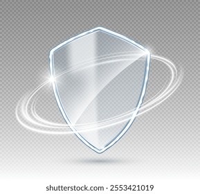 3D transparent glass protection shield with white glowing effect. Safeguard sign. Security concept. Vector illustration