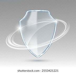 3D transparent glass protection shield with white glowing effect. Safeguard sign. Security concept. Vector illustration