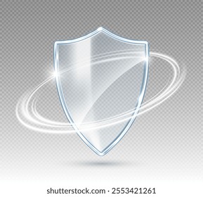 3D transparent glass protection shield with white glowing effect. Safeguard sign. Security concept. Vector illustration