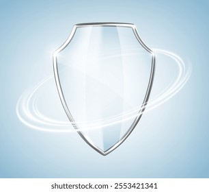 3D transparent glass protection shield with white glowing effect. Protective shield isolated on blue background. Safeguard sign. Security concept. Vector illustration