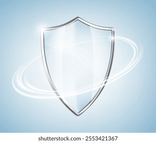 3D transparent glass protection shield with white glowing effect. Protective shield isolated on blue background. Safeguard sign. Security concept. Vector illustration