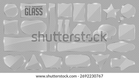 3d transparent glass set in gradient geometric pattern with rainbow light. Crystal heart, arrow, star and liquid speech bubble icon. Futuristic mirror frame or plastic for mobile phone game interface.