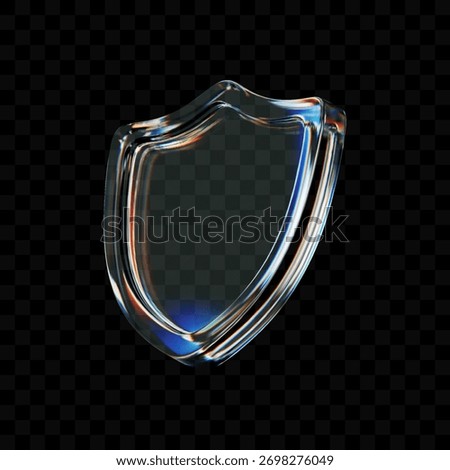 3D transparent glass shield icon with holographic gradient and light refraction effects on a dark background. Modern security, privacy protection, and data defense symbol.