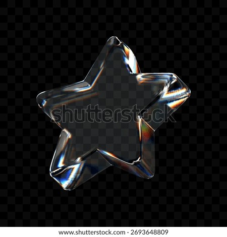 3D transparent glass star icon with holographic reflection and light refraction. Realistic dispersion effect and rainbow gradient