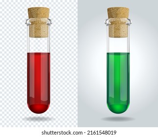 3D transparent glass test tubes with red and green chemical liquid. Vector Illustration.