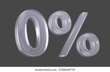 Vidrio transparente 3D número cero seguido por el símbolo de porcentaje en estilo elegante. Superficie reflectante y lisa sobre fondo gris oscuro. Decoración moderna y minimalista.