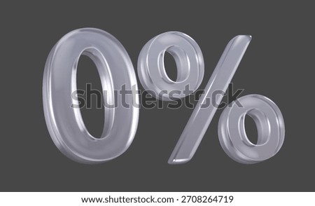 3D transparent glasslike number zero followed by percent symbol in elegant style. Reflective and smooth surface on dark gray background. Modern and minimalistic decoration.
