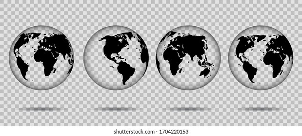 3d globos transparentes de iconos de la Tierra. Continentes negros en el planeta de vidrio. Ilustración vectorial simple