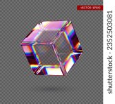 3d transparent glossy cube with dispersion effect. Rainbow colors reflection glass. Vector illustration.