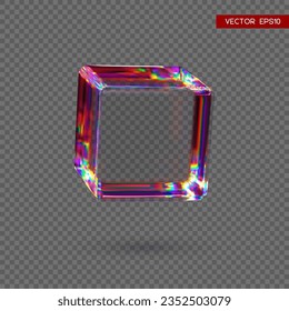 3d transparent glossy cube with dispersion effect. Rainbow colors reflection glass. Vector illustration.