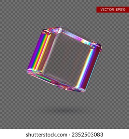 3d transparent glossy cube with dispersion effect. Rainbow colors reflection glass. Vector illustration.