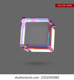3d transparent glossy cube with dispersion effect. Rainbow colors reflection glass. Vector illustration.