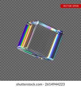 3d transparent glossy cube with dispersion effect. Rainbow colors reflection glass. Vector illustration.