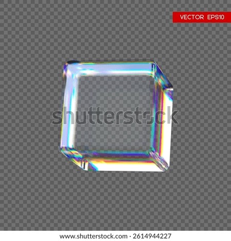 3d transparent glossy cube with dispersion effect. Rainbow colors reflection glass. Vector illustration.
