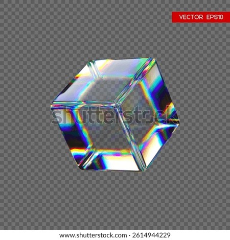 3d transparent glossy cube with dispersion effect. Rainbow colors reflection glass. Vector illustration.