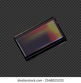 3D transparent glossy glass rectangle shape with holographic dispersion overlay effect vector illustration. Crystal piece, acrylic or plastic lens, prism with light glare isolated