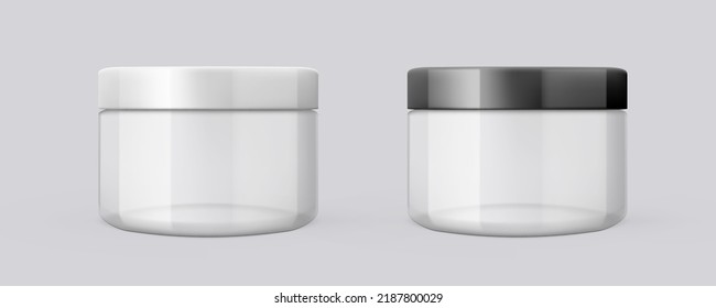 3D Transparent Glossy Plastic Jar With Black And White Lid. EPS10 Vector