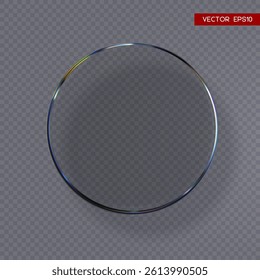 3d transparent glossy round disc with dispersion effect. Rainbow colors reflection glass. Vector illustration.