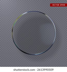 3d transparent glossy round disc with dispersion effect. Rainbow colors reflection glass. Vector illustration.