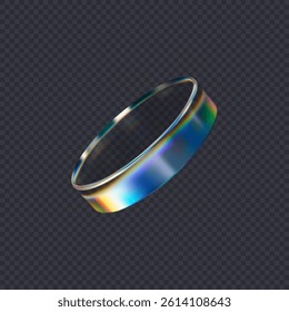 3d transparent glossy round disc with dispersion effect. Rainbow colors reflection glass. Vector illustration.