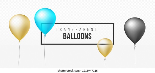 3D Transparent golden, black and blue-green balloons on wide background. creative design for web, social media, cover, banner, poster, ad, promotion, sale, offer, print, landing page.