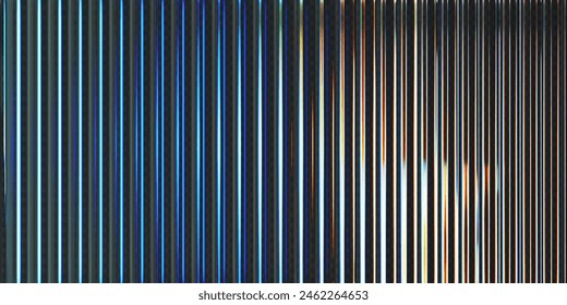 Fondo de vidrio acanalado transparente 3d con refracción y efecto holográfico. Vidrio rojo con gradiente arcoíris. Renderizado de pared acanalada con luz de reflexión superpuesta en la oscuridad. fondo de Vector 3d