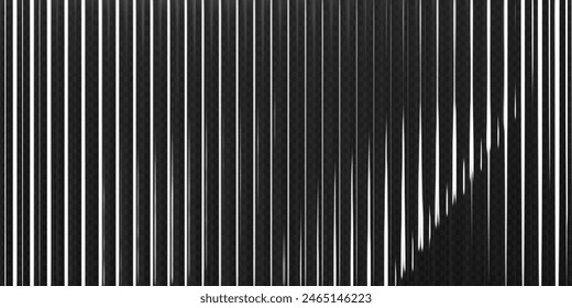 Fondo de vidrio acanalado transparente 3d con efecto de refracción. Vidrio rojo con degradado blanco y negro. Renderizado de pared acanalada con luz de reflexión superpuesta en la oscuridad. fondo de Vector 3d
