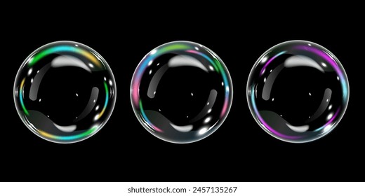 3D transparent round bubbles with refraction and glare. Vector illustration with soap foam or colorful shiny rainbow balls isolated on dark background, glass liquid, liquid form with holographic effec