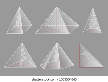 3d transparent shapes. Collection of pyramids. Cross-section.