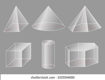 3d transparent shapes. Prism, cube, pyramid, cone, cylinder.