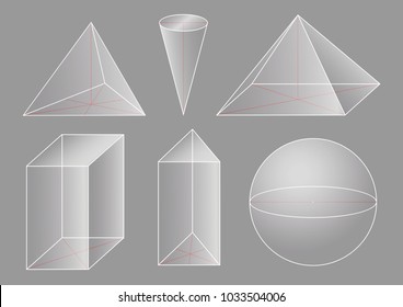3d transparent shapes. Prism, pyramid, cone, sphere.